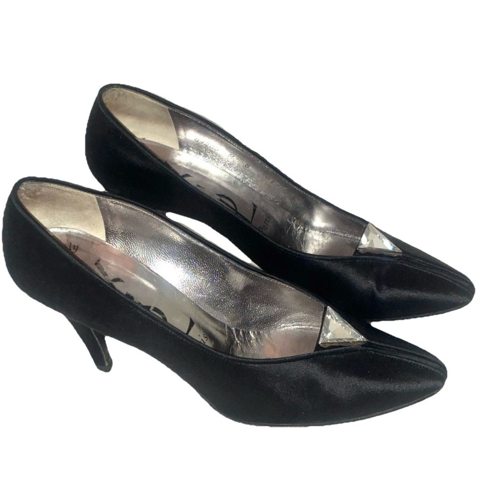 Saint Laurent YSL Black Sparking Crystal Embellished Satin Evening Heel Shoes 8M